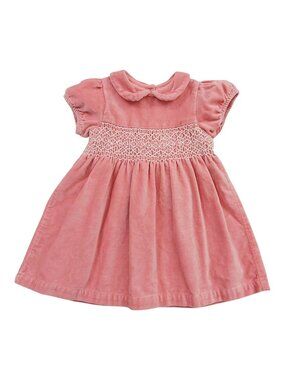 Baby Boden Smocked Velvet Dress Girls 12-18 Months Pink Button Back Party